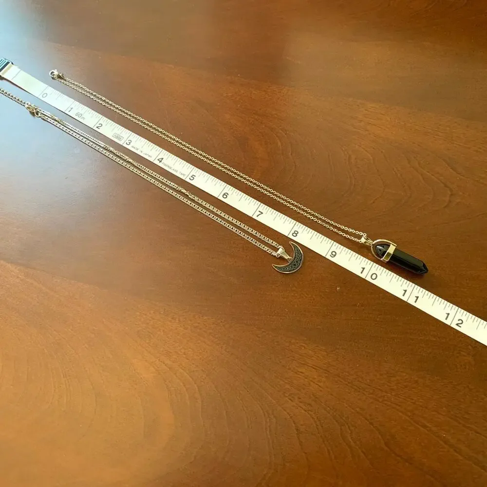 Crescent Moon Black Hexagonal Column Quartz Pendant 2 Layered Silver Necklace - Picture 4 of 4